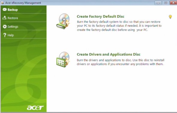 The Acer eRecovery Management